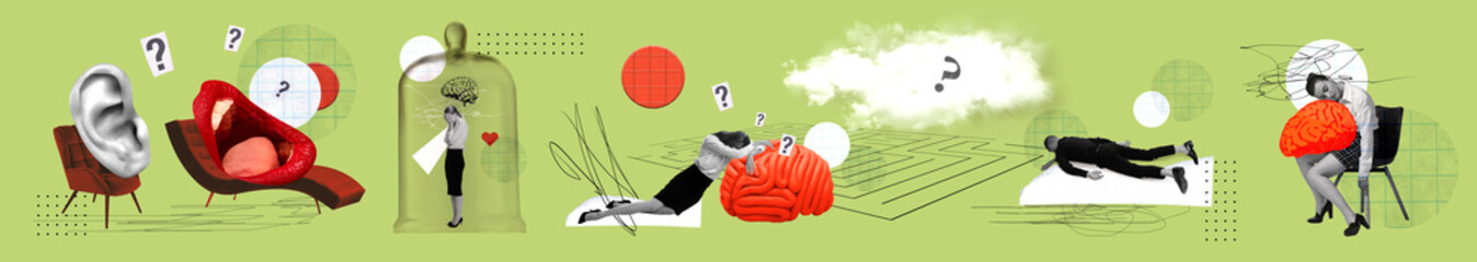 Banner. Young people suffering from frustration, depression and sadness. Need of therapeutic help. Contemporary art collage. Concept of psychology, mental health. health care, awareness and support