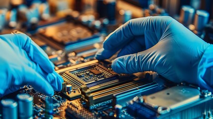 The hands in blue glove of the scientist hold the processor golden background