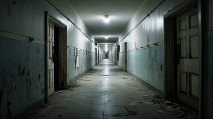 Empty boarded corridor in hospital.