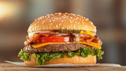 Delicious Hamburger Served on Wooden Table.