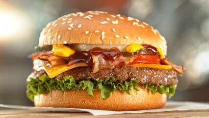 Delicious Hamburger Served on Wooden Table.