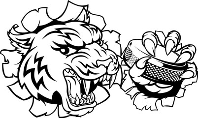 A tiger ice hockey player animal sports mascot holding a puck