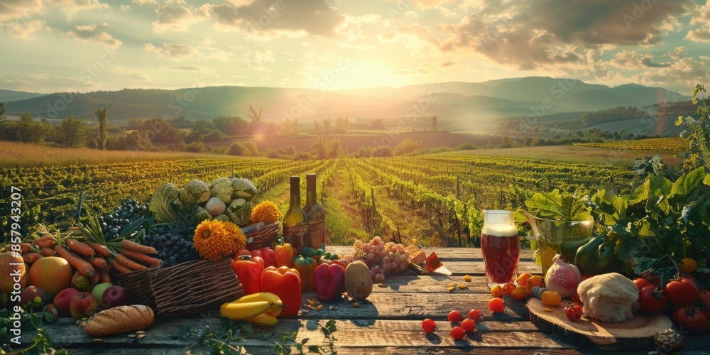 Aufkleber a colorful array of fruits and vegetables on a rustic wooden table, perfect for a farmer's market or