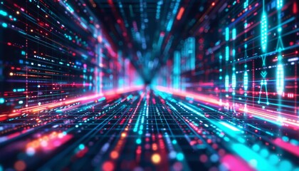 A Metaverse concept with a futuristic digital background and neon light streaks