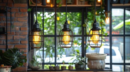 Obraz premium Three Edison Bulbs Hanging in a Cafe