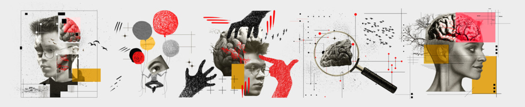 Contemporary art collage. Human mind and cognitive processes through abstract and surreal visuals. Human heads, brains, and surreal elements. Psychology, mental health. health care, awareness concept