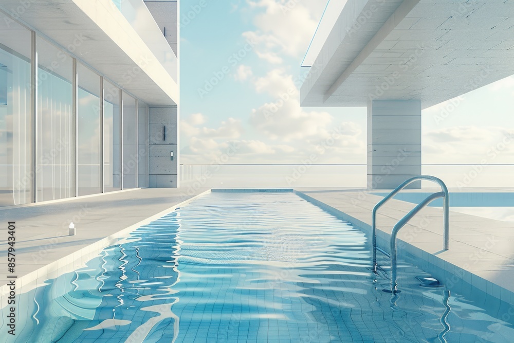 Aufkleber A photograph of an empty swimming pool in a large building