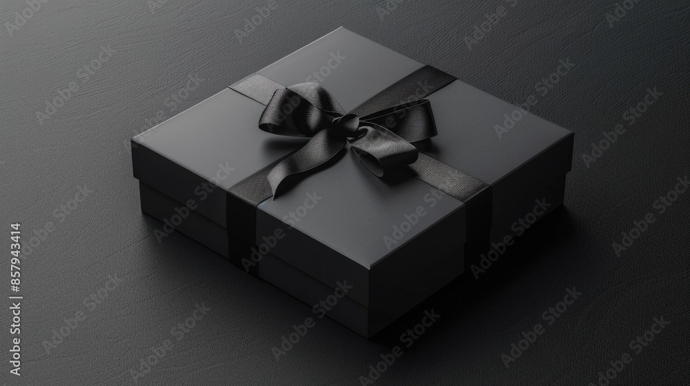 Poster a small, ornate box wrapped in black paper and tied with a red ribbon