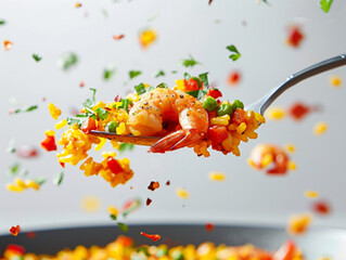 template with a delicious spoon of paella flying on a white background. flying on a white background close-up. Ai generated