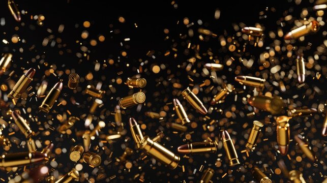 A cluster of gold bullet casings suspended in the air, possibly from a shooting range or target practice