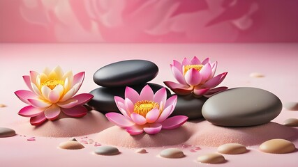 Zen stones, velvet sand and lotus flower on pink background witn copy space, wellness and harmony, massage and bodycare, spa and wellness concept