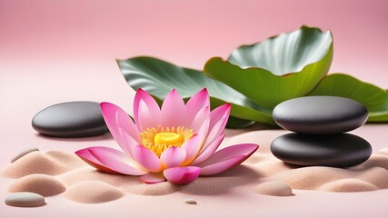 Zen stones, velvet sand and lotus flower on pink background witn copy space, wellness and harmony, massage and bodycare, spa and wellness concept