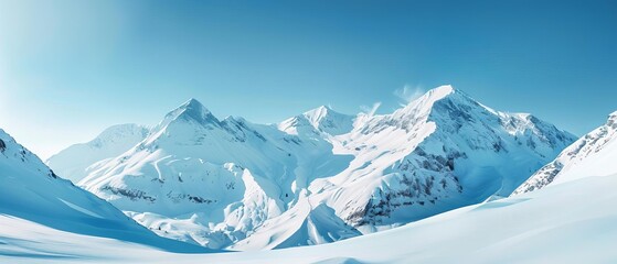 Obraz premium A panoramic view of a snowcovered mountain range under a clear blue sky,