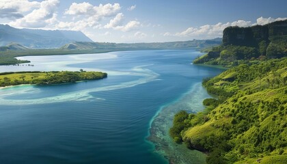 Naklejka premium A peninsula, with water on three sides, offering panoramic views of the surrounding coastline.