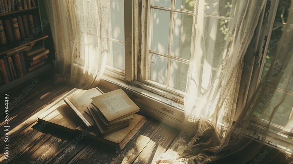 Poster a stack of books sitting on a wooden floor next to a window