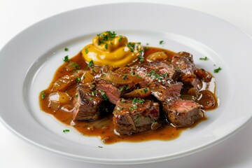 Classic Belgian Beef Stew with Dark Beer-infused Gravy and Caramelized Onions in Rustic Bowl