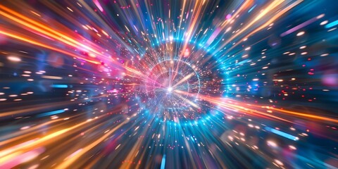 Convergence of Colorful Light Streaks at the Event Horizon in Hyperspace. Concept Hyperspace Photography, Light Streaks, Event Horizon, Colorful Convergence, Space Exploration