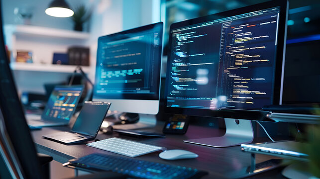 Computer screen with codes on it, The concept of software development, Programming source code on computer monitor. Programmer coding on computer desktop, Computer monitor with program code on the 
