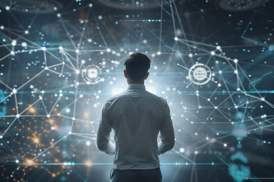 Businessman with big data and technology icons on digital screen, view of city landscape background, futuristic business concept. Man in white shirt standing with his back to the camera watching a gl - Powered by Adobe