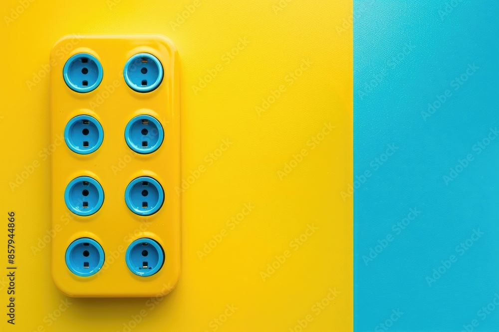Poster close-up shot of a yellow phone on a bright blue and yellow background, ideal for use in technology 