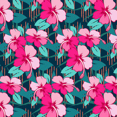 Colorful seamless pattern of hibiscus flowers on a dark background.