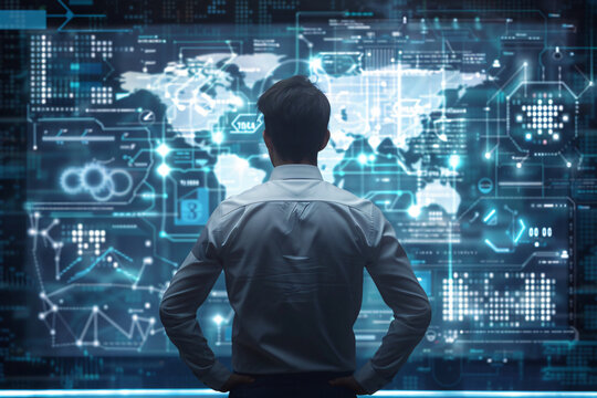 Businessman with big data and technology icons on digital screen, view of city landscape background, futuristic business concept. Man in white shirt standing with his back to the camera watching a gl - Powered by Adobe