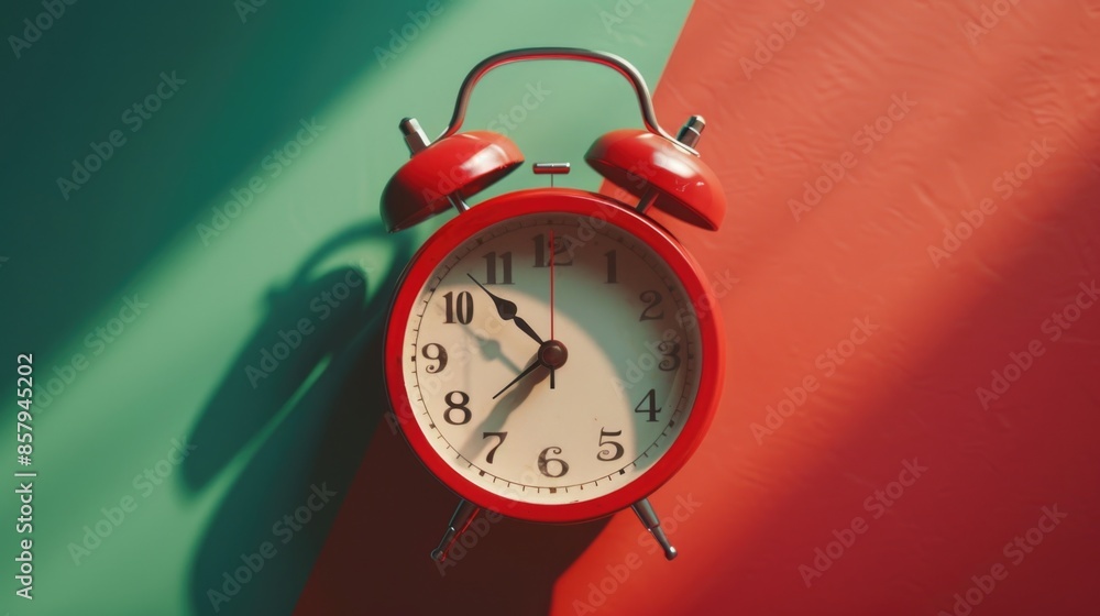 Poster a red alarm clock sits atop a colorful wall with green and red hues
