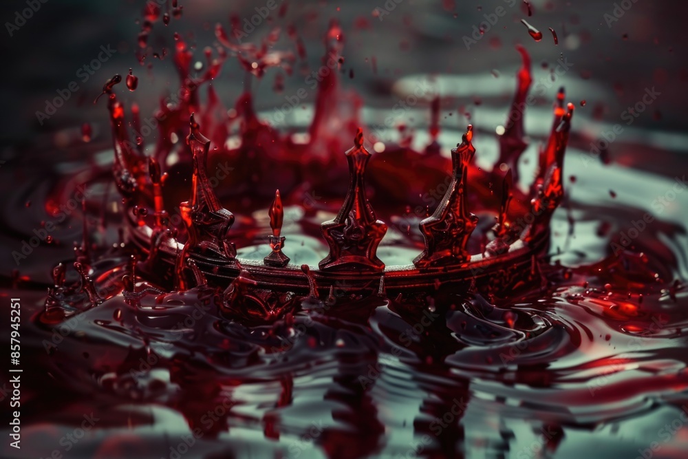 Poster a red substance forms a crown shape on the surface of the water, with no signs of disturbance or mov