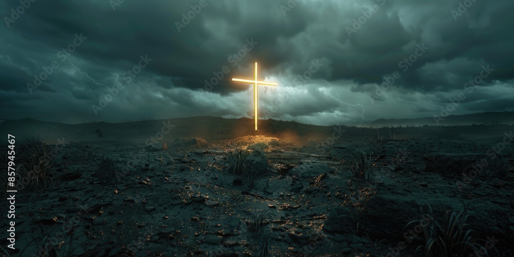 Poster a simple wooden cross standing in the middle of an empty, desolate field