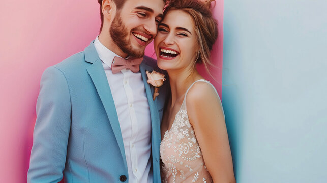 Wedding couple in wedding suit and dress laughing heartily with a pastel-colored backdrop