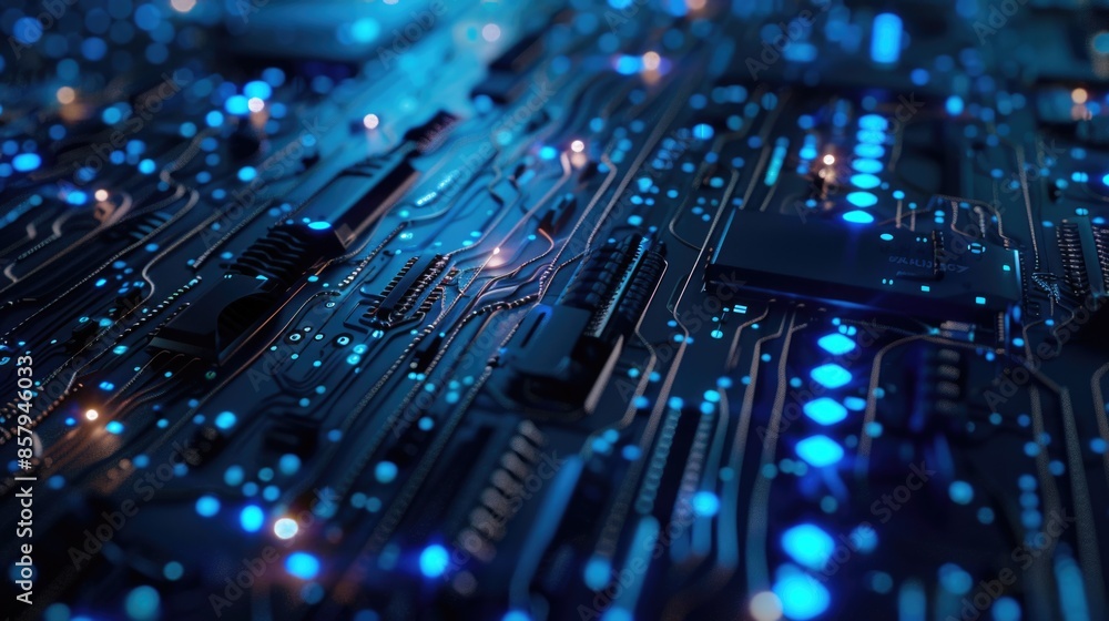 Poster a close-up view of a circuit board with blue lights, perfect for tech-related topics or illustration
