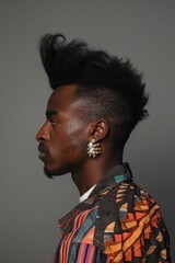Obraz premium A young man with a distinctive hairstyle and earrings, great for editorial or commercial use
