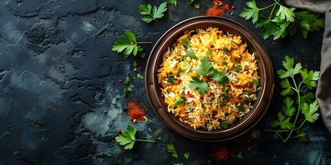 Capturing the Aromatic Flavors Vibrant Photo of Spicy Indian Biryani on Dark Background. Concept Food Photography, Indian Cuisine, Dark Background, Aromatic Flavors, Vibrant Colors
