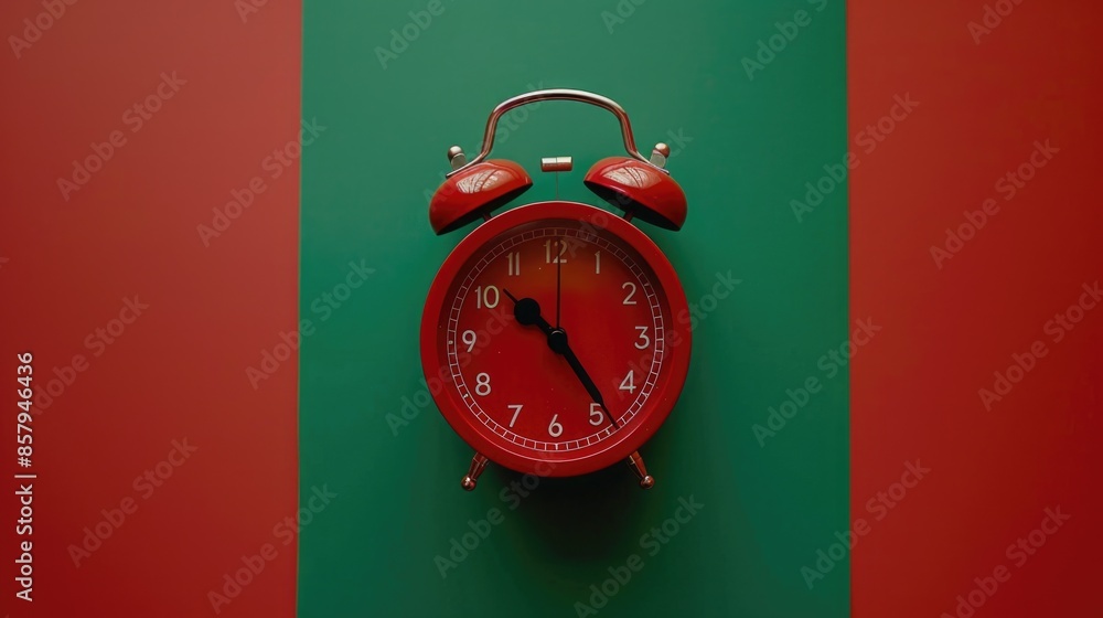 Poster a red alarm clock sits on top of a green and red wall, providing a pop of color against the monochro