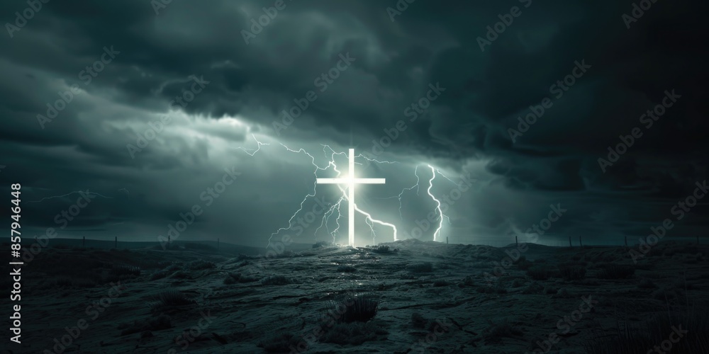 Poster a simple wooden cross stands in the middle of a green field with a cloudy sky above, suitable for va