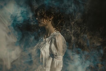 Obraz premium A woman stands in thick smoke wearing a white dress, providing an enigmatic scene