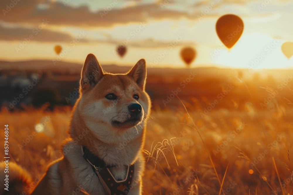 Poster A dog sitting in a field with hot air balloons in the background