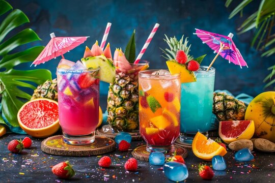 A selection of colorful cocktails in glasses with tropical decorations
