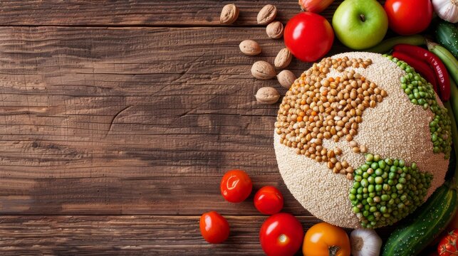 A rustic wooden table setting for World Food Day, showcasing a diverse selection of fresh produce, grains, and nuts - Powered by Adobe