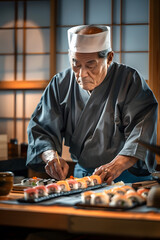 Japanese sushiman preparing sushi