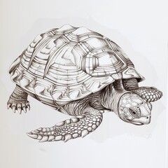 Ponderous turtle moving slowly, shell intricately patterned, in a detailed sketch on a white background. 