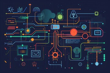 A vector diagram of an algorithmic flowchart with AI elements like machine learning nodes and data inputs, representing AI processes