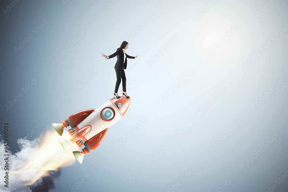 Poster a woman in business attire balancing on a rocket, creative composite on a gradient blue background, 