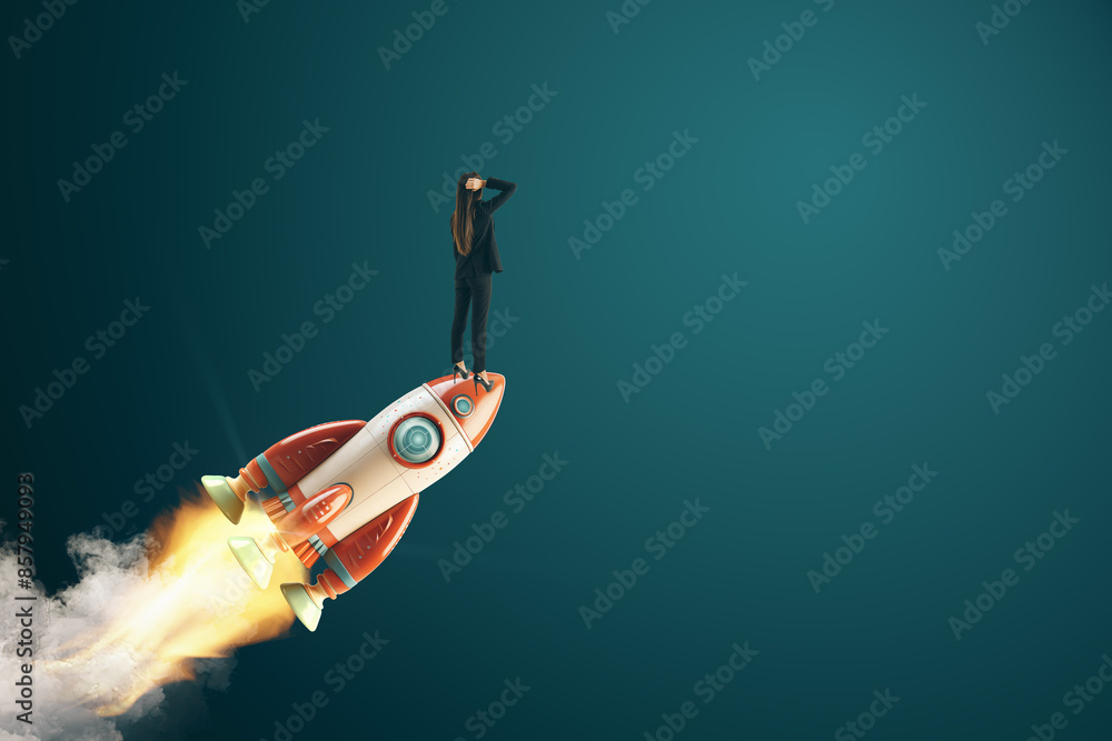 Aufkleber a person standing on a rocket, looking forward, the concept of innovation on a teal background. gene