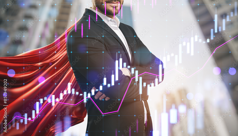 Poster a businessman with a digital overlay of stock market graphs, creative blending of finance and superh
