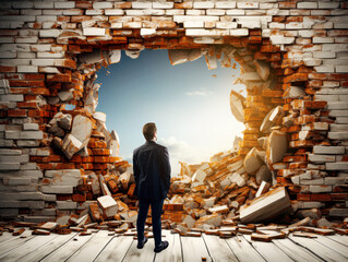 A businessman looking at a broken brick wall with a sky view, depicting a creative concept of breakthrough on a light background. Generative AI