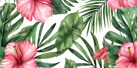  watercolor tropical flowers and leaves seamless pattern on white background © EnelEva