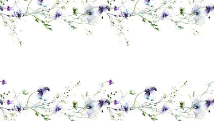 Watercolor painted floral rectangle frame on white background. Violet, blue wild flowers, green branches, leaves.