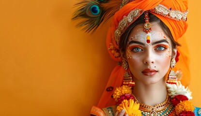 A beautiful Indian girl in a traditional sari and jewelry. Happy young woman  dressed up as Radha on a holiday orange background. Happy Krishna Janmashtami greeting card, copy space.
