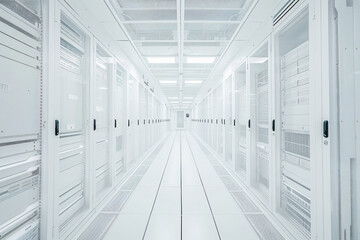Fototapeta premium 3d rendering of modern white data center with rows of computer server cabinets in an empty room with square tile floor and ceiling lights. White background.
